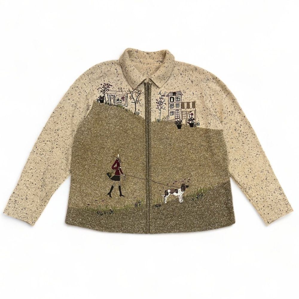 TanJay Beige Tan Zip-Front Sweater with Scenic Embroidery